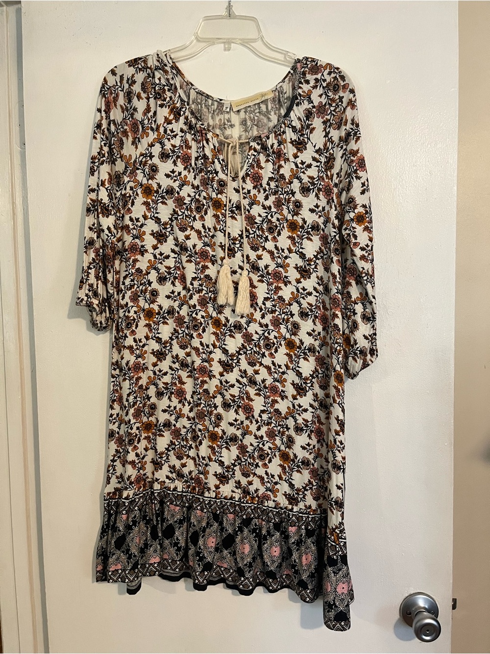 Magnolia Floral Tunic Dress in White, Brown, Mustard & Black